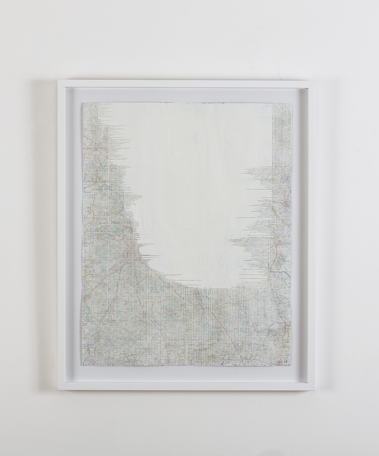 Avalanche, 2016, gouache and wax on map, 59 x 49 cm (framed)