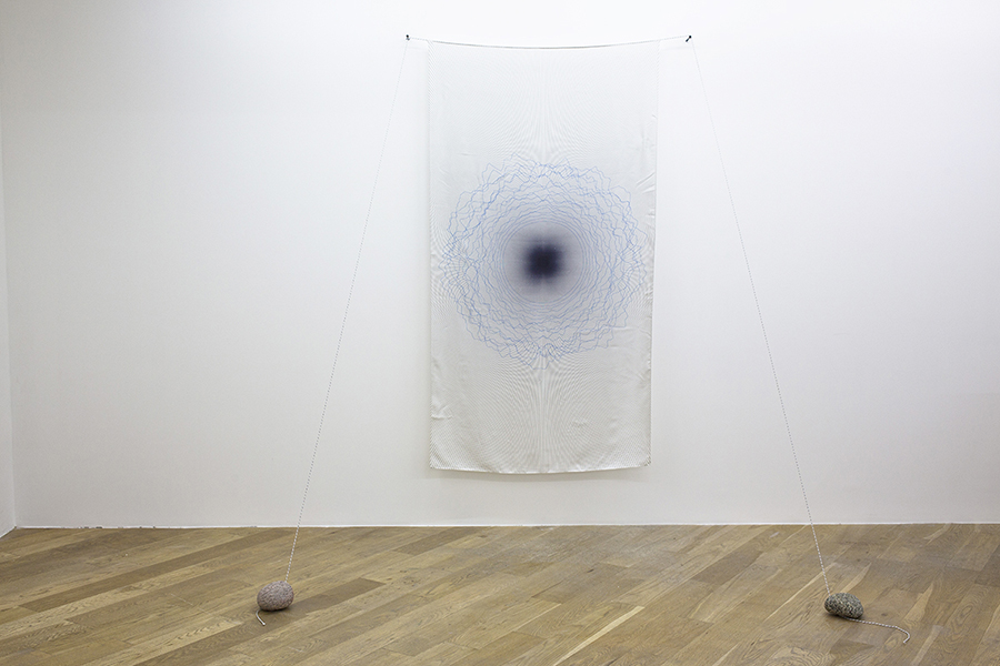 Camila Sposati Unlocking, 2012 Digital print on silk, rope, nail, stones 330,2 x 162,6 x 213,4 cm Series 1/3