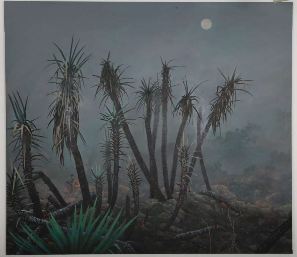 Alfonso Galván, "Incendio y Flautista", 2019, Huile sur Lin, 200 x 230 cm.