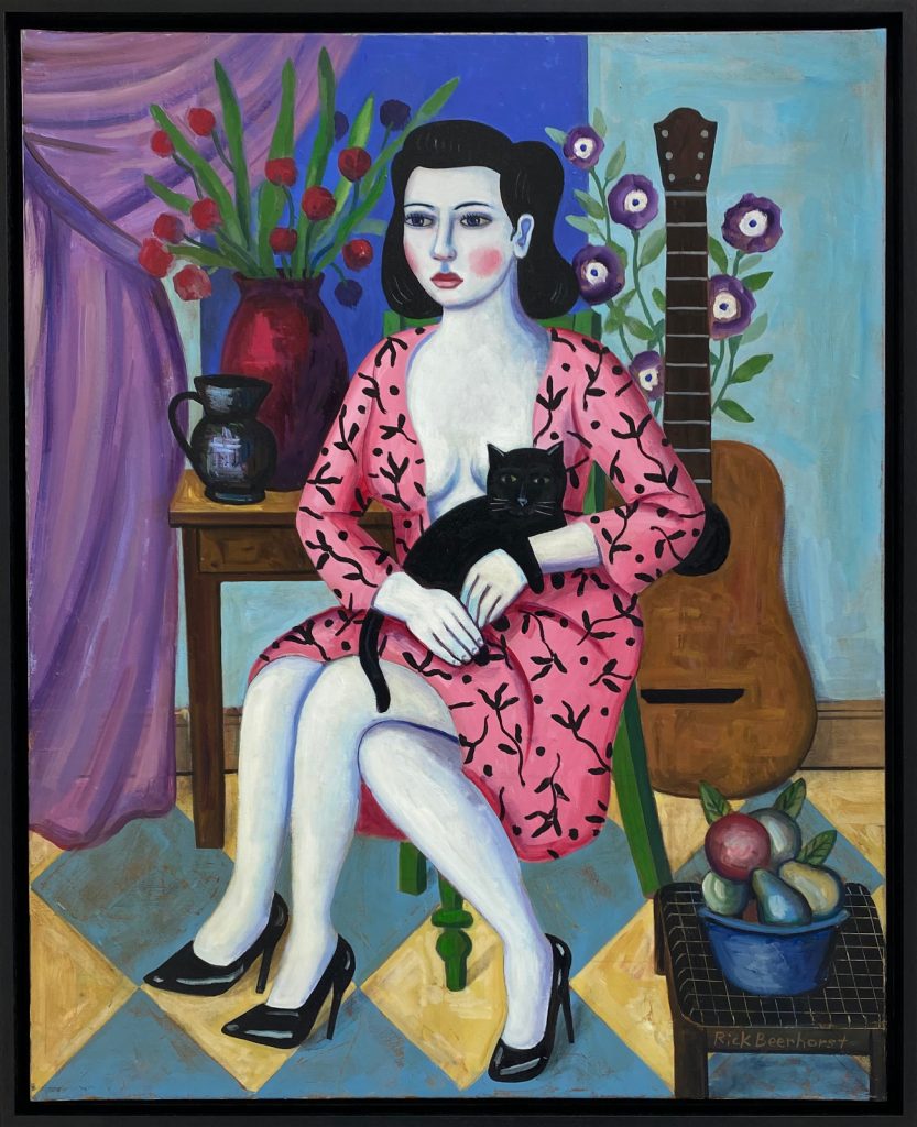 The Bard With Her Cat, 2020, oil on canvas, 80×100 cm