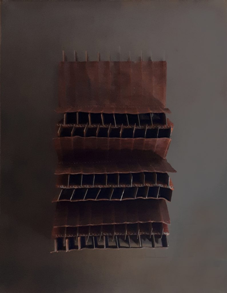Angélique Chesnesec, <em>Radiateur_2</em>, 2018, acier, cuir, lin, toile plastique, aimants, 52 x 43 x 5 cm