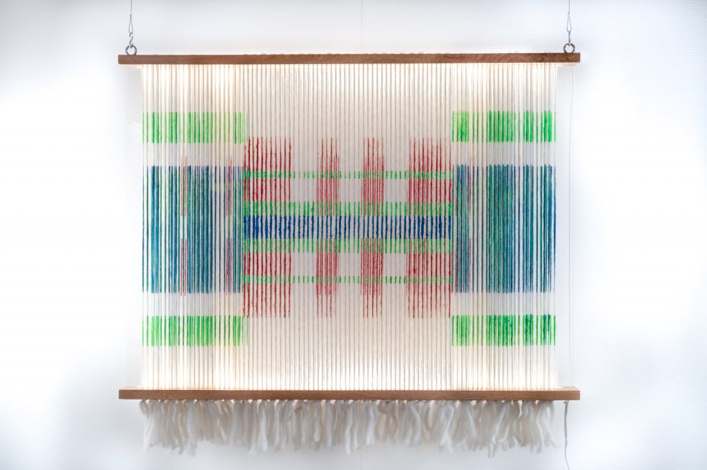 Kenia Almaraz Murillo, Tatu, 2021, silk-screen printing on alpaca threads, led, wood and plexiglas, 107 x 76 cm 