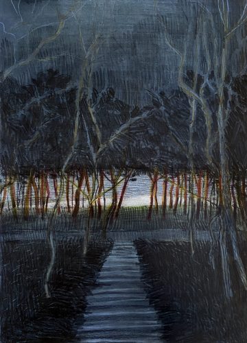 Per Adolfsen, Night Vision, Stairs Down to the Coast, and Behind The Trees There Is A White Beach and a Silvery Ocean, 2021, colored pencil, graphite, chalk, 42 x 30 cm.