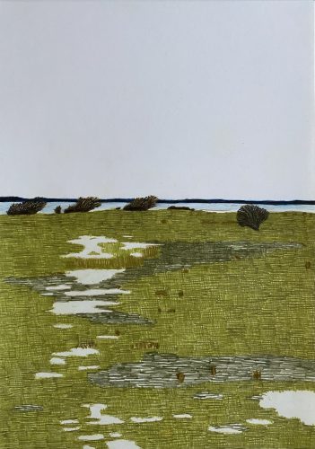 Per Adolfsen, Snow Remains In A Fjord Landscape, colored pencil, graphite on paper, 42 x 30 cm.