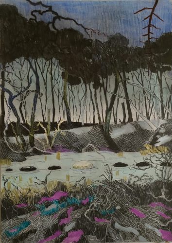 Per Adolfsen, Stepping Stones and the trees are watching, 2021, colored pencil, chalk and graphite, 42x30cm