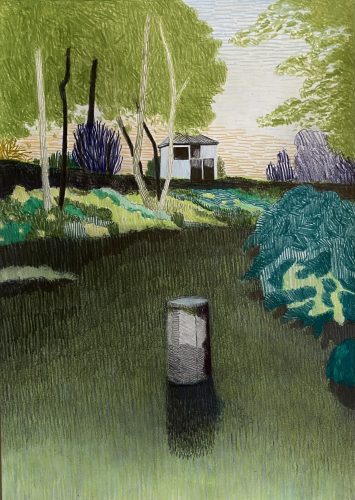 Per Adolfsen, The Botanical Garden, 2022, colored pencil, chalk and graphite, 42 x 30 cm.