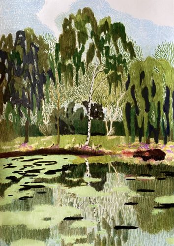 Per Adolfsen, The Lake, 2021, colored pencil, graphite, chalk on paper, 60 x 42 cm.