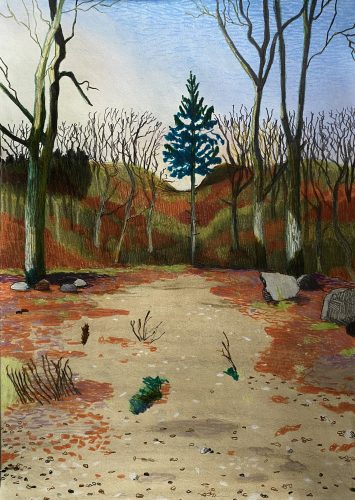 Per Adolfsen, The Pine Tree and the Hills, 2021, colored pencil, chalk and graphite on paper, 42x30cm