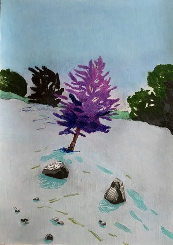 Per Adolfsen, The Vision of the Pine And The Two Stones in the Hills, 2021, graphite, colored pencil and chalk on paper, 60 x 42 cm.