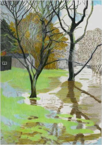Per Adolfsen, The flooding and the green garden, Colored pencil on paper, 2022, 42x30 cm