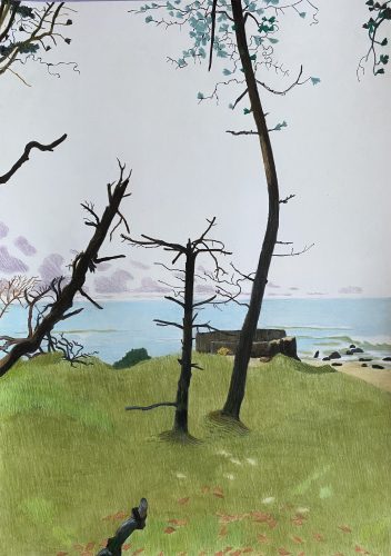 Per Adolfsen, Trees, Bunker And Beach Late November, 2021, colored pencil, chalk, graphite on paper, 60x42 cm