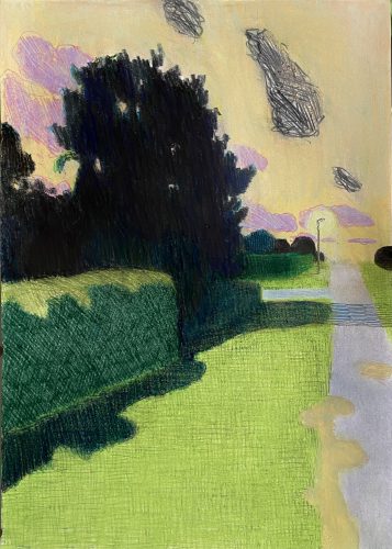 Per Adolfsen, Walking Alone in a Summer Nights Dream, 2021, colored pencil, chalk and graphite on paper, 42 x 30 cm.