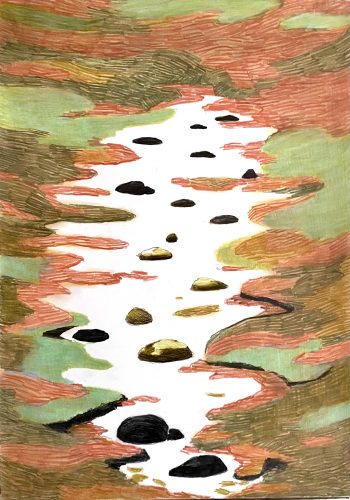Per Adolfsen, Stepping Stones(Taedsten), 2021, colored pencil, chalk, graphite on paper, 42 x 30 cm.