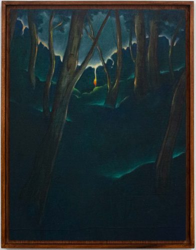 Adrien Fricheteau, Coucher de Soleil dans la Forêt, 2022, huile sur bois, 23 x 31 cm 