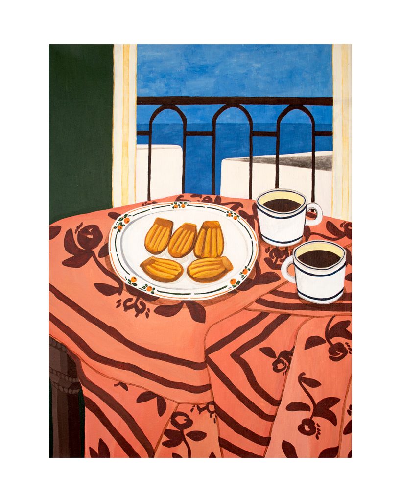 A interior scene by Ivan Arlaud displaying a plate of madeleines and an opened view on the sea.