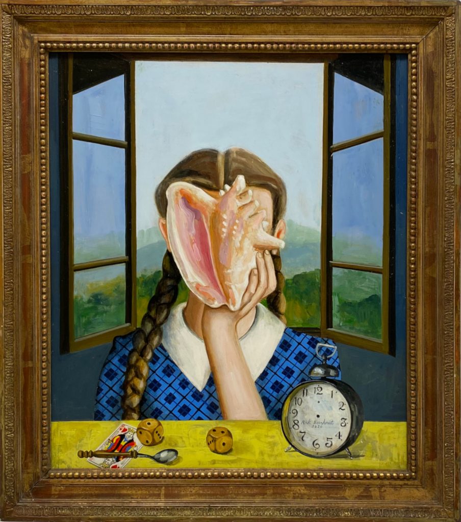 Going Inside To Go Outside, 2020, oil on wood with ancient frame, 65×73 cm