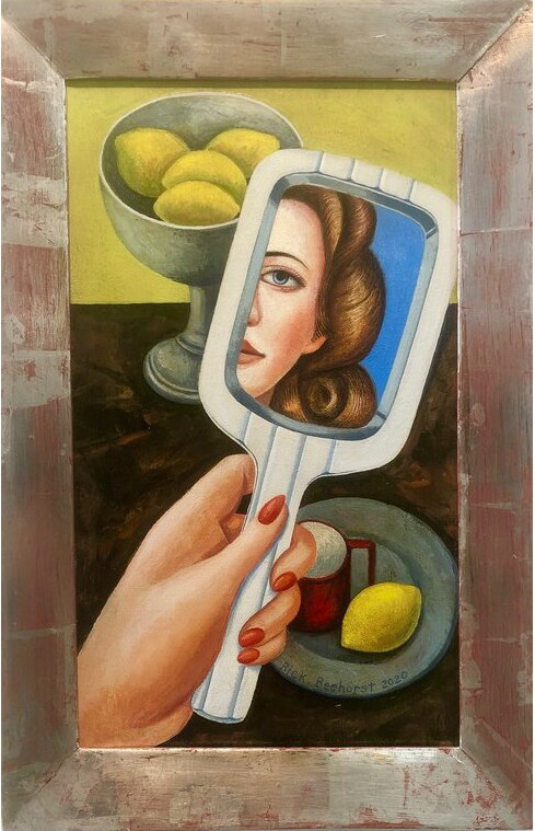Self Reflexion Left Hand, 2020, oil on canvas with white gold frame, 32x46 cm