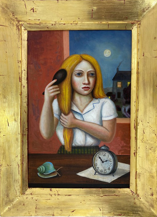The Lunar Lover, 2020, oil on canvas with gold frame, 34x46cm