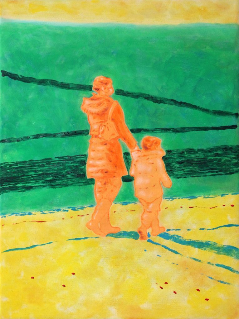 oeuvre xarli zurell deux personnages orange fond vert et jaune