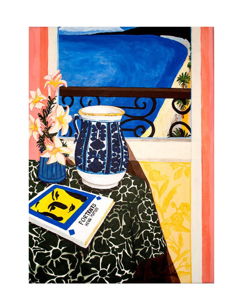 An interior scene by Ivan Arlaud displaying Matisse's potraits and an opened window on the sea.