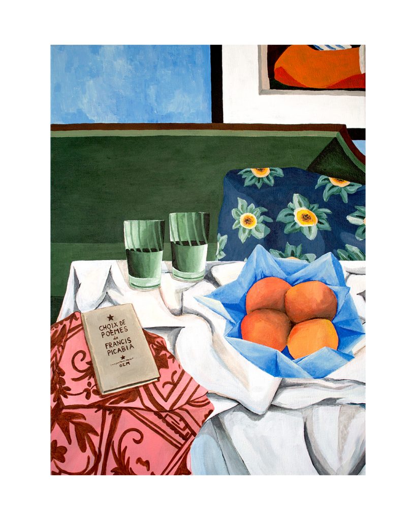An interior scene by Ivan Arlaud displaying a fruit basket on a table, with a poetry book by Francis Picabia